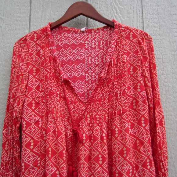 Free People Shirt Dress‎ Womens M Mini Marlow Sheath Tie V-Neck Raw Hem Red BOHO - Picture 1 of 13